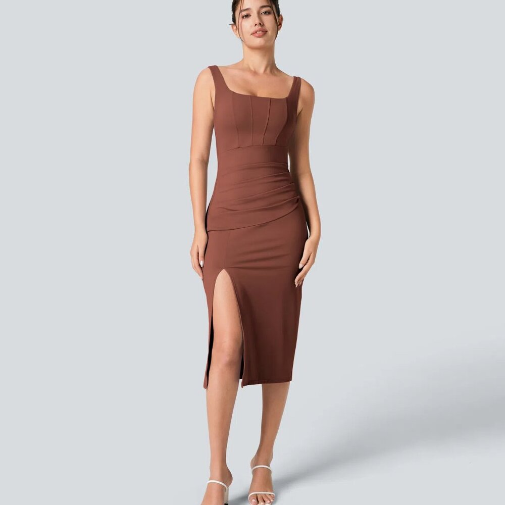 NWT Halara Airy Square Neck Backless Corset Ruched Split Bodycon Midi Dress (M)